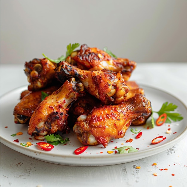 Spicy chicken wings arranged on a kitchen table