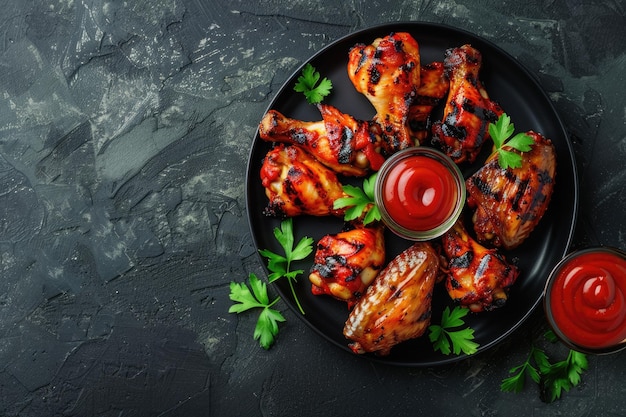 Spicy chicken wings on black plate with ketchup top view