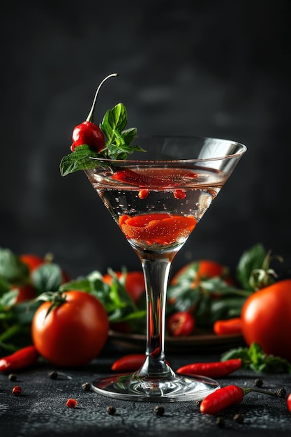 Spicy cocktail in martini glass with red chili pepper on dark background