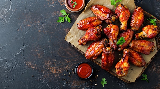 Photo spicy crispy chicken wings with dipping sauce on cutting board