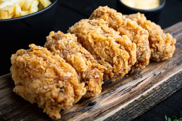 Spicy deep fried breaded chicken wings cuts on black wooden table.