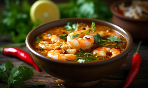 Spicy and delicious tom yum soup with shrimp and herbs Generative AI