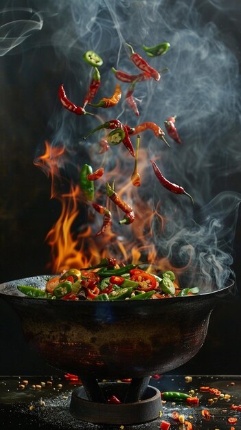 Photo spicy dish chili peppers fire cooking wok smoke culinary art fiery cooking peppers in motion