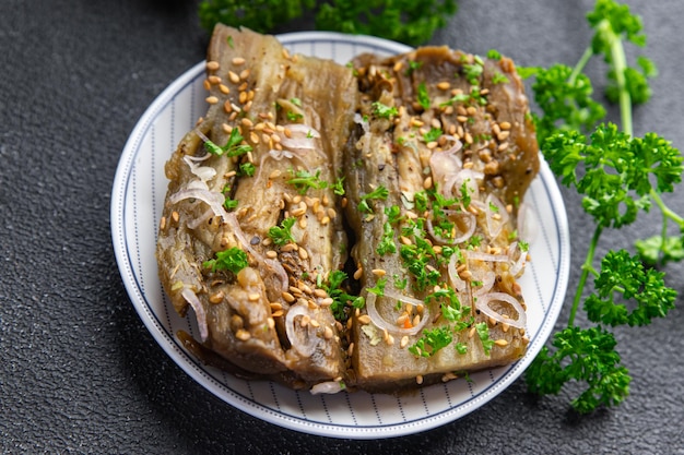 spicy eggplant snack fresh vegetable pickled asian food meal food on the table copy space