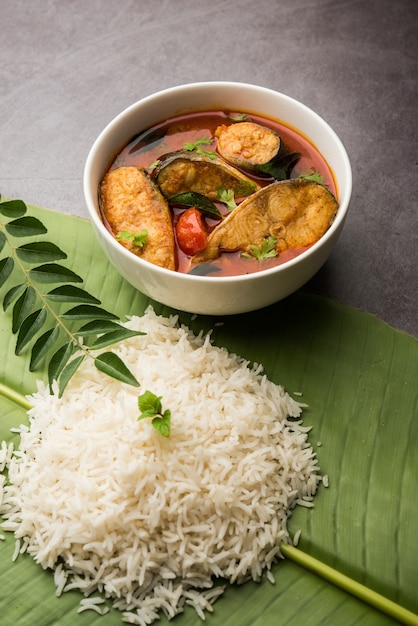 Spicy Fish Curry - kerala, konkan, bengal, goa style in Red and brown colour, served with rice