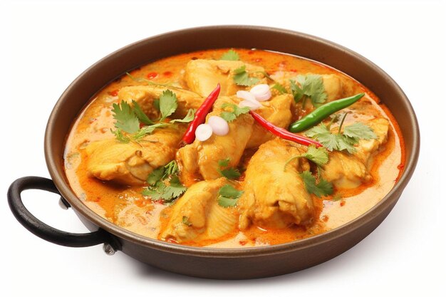 Spicy fish curry_seer fish curry traditional indian fish curry white background