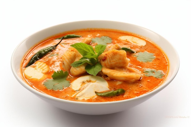 Spicy fish curry_seer fish curry traditional indian fish curry white background