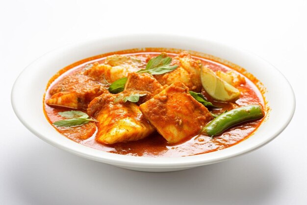 Spicy fish curry_seer fish curry traditional indian fish curry white background