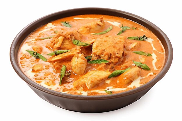 Spicy fish curry_seer fish curry traditional indian fish curry white background