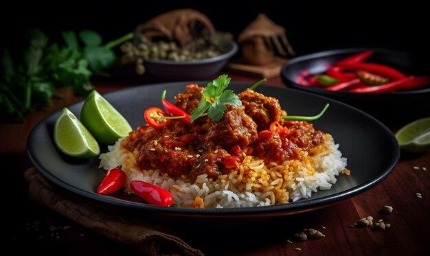 Spicy and flavorful beef rendang with rice and sambal Generative AI