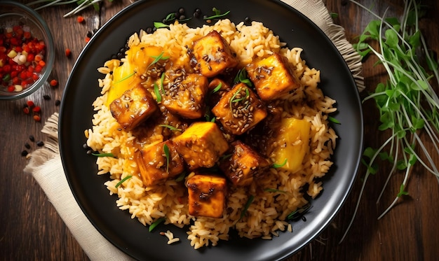 Spicy and flavorful jerk tofu with rice and peas Generative AI