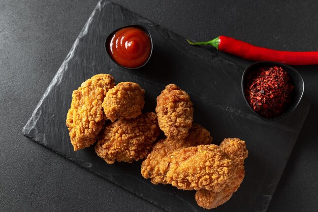 Spicy fried chicken in crispy breading black background top view copy space