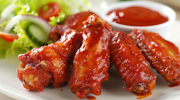 Photo spicy fried chicken wings with salad tomato sauce on plate