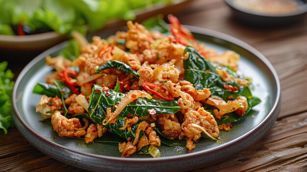 Spicy Fried Chicken with Green Leaves and Red Peppers