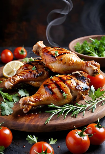 Photo spicy grilled chicken legs or drumsticks with herbs spices and vegetables