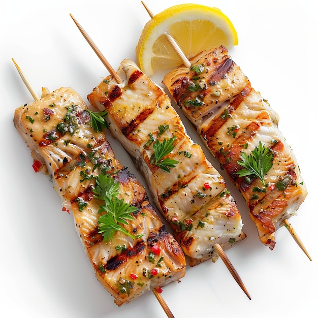 Photo spicy grilled fish skewers isolated on white background