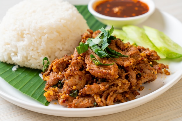 Spicy grilled pork with rice and spicy sauce in Asian style