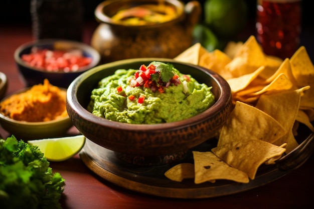 Spicy guacamole dip and crunchy mexican snacks