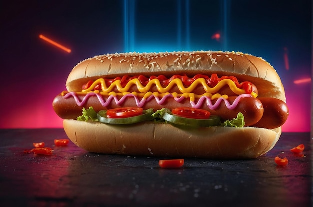 spicy hot dog with a neon light background