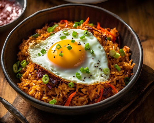 Spicy kimchi fried rice with beef and egg Generative AI