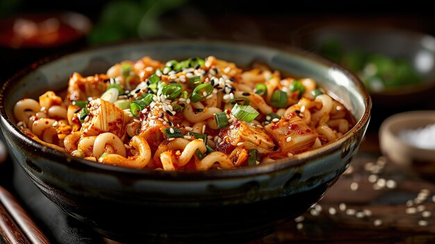 Spicy Kimchi Noodles with Sesame Seeds and Green Onions