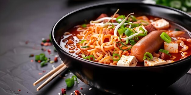 Photo spicy korean army stew with spam hot dogs noodles kimchi tofu concept korean cuisine army stew spicy food asian comfort food