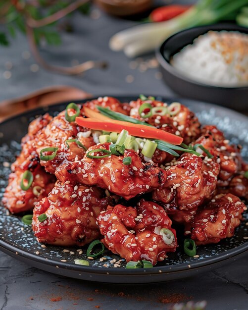 Photo spicy korean chicken wings garnished with scallions and sesame seeds