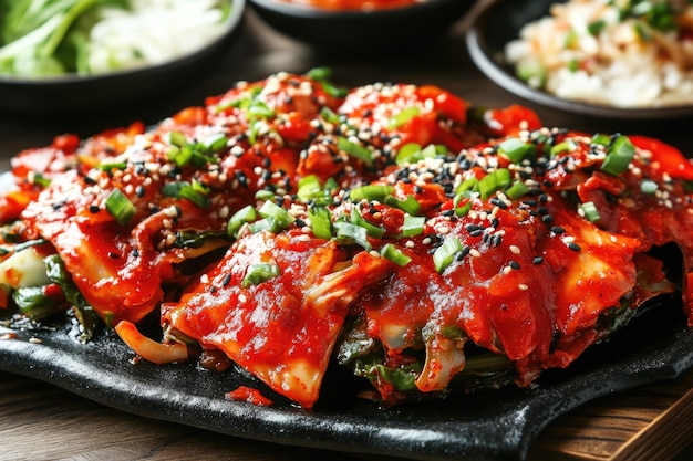 Spicy Korean Kimchi with Sesame Seeds and Green Onions on Black Plate