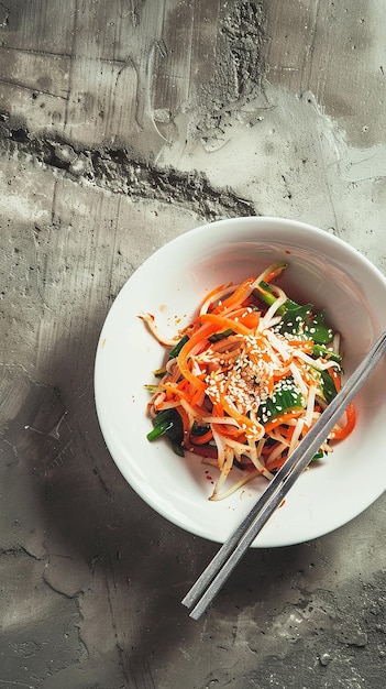 Spicy Korean salad in white bowl by concrete wall