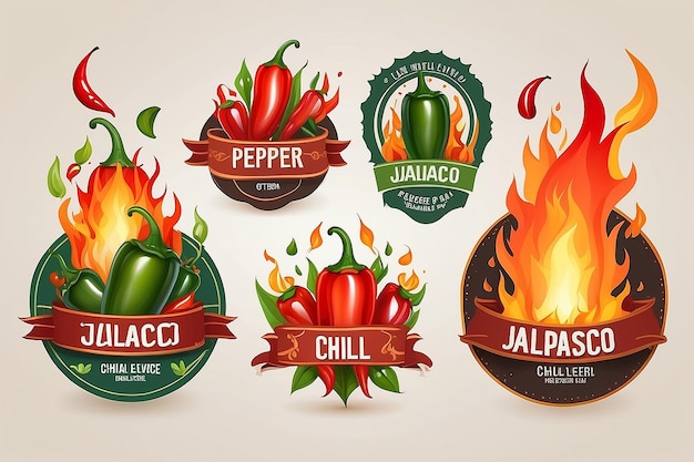 Photo spicy level labels of pepper with fire flames vector mild medium and extra hot taste