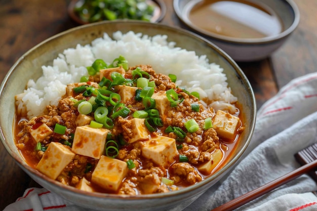 Spicy Mapo Tofu Dish with Minced Pork Silken Tofu and Sichuan Peppercorns in Red Sauce