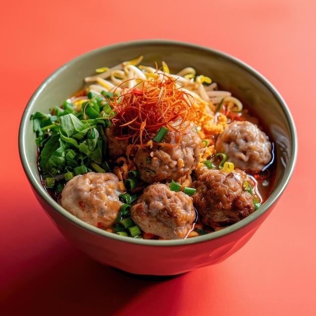 Spicy Meatball Noodle Soup with Bean Sprouts and Herbs