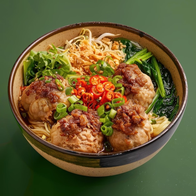 Spicy Meatball Noodle Soup with Green Onions and Spinach