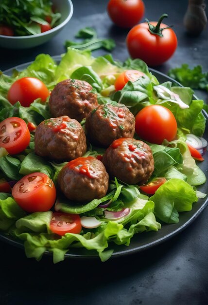 Photo spicy meatball salad with chili lemon garlic and tomato