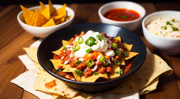 Spicy Mexican nachos with read chili sauce