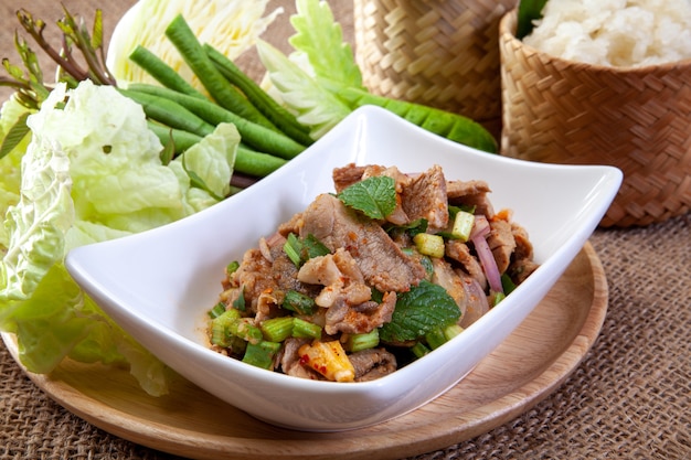 Spicy minced pork salad, minced pork mash with spicy, Thai food