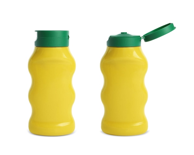 Photo spicy mustard in plastic bottles on white background collage