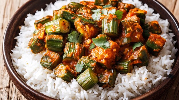 Spicy Okra and Rice Curry in a Rustic Bowl