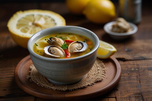 Photo spicy oyster soup with side sliced lemon