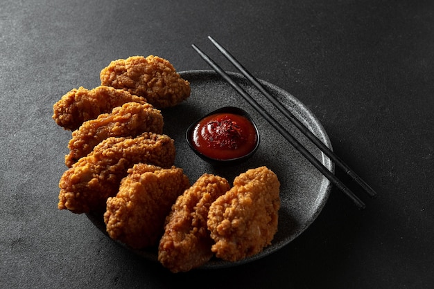 Spicy pieces of chicken fillet in crispy breading on a black plate on a dark background stone or con