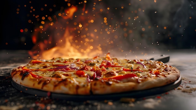 Spicy Pizza with Melted Cheese and Fiery Background