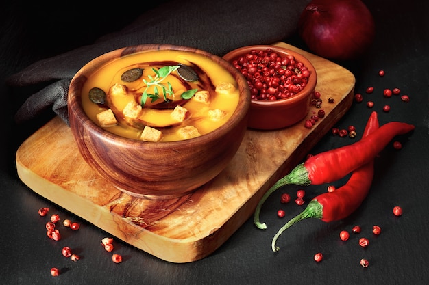 Spicy pumpkin soup in wooden bowl on dark background