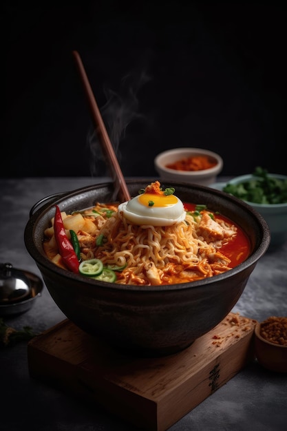 Spicy ramen with chopsticks and a bowl of noodles Generative AI