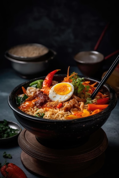 Spicy ramen with chopsticks and a bowl of noodles Generative AI