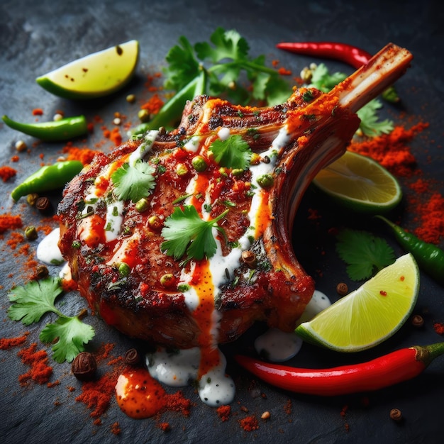 A spicy roasted lamb chop with a harissa and yogurt marinade