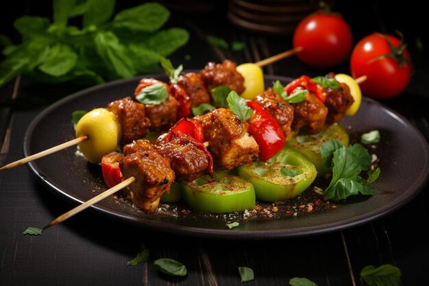 Photo spicy sausage and veggie and tofu skewers