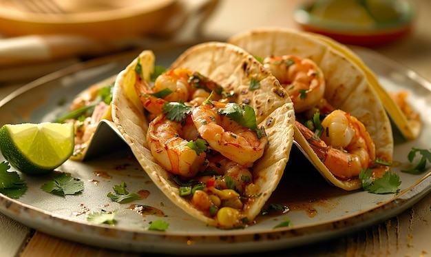 Photo spicy shrimp taco with cilantro and lime flavorful