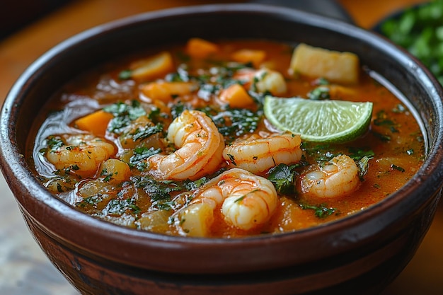 Photo spicy shrimp and vegetable stew with a touch of lime