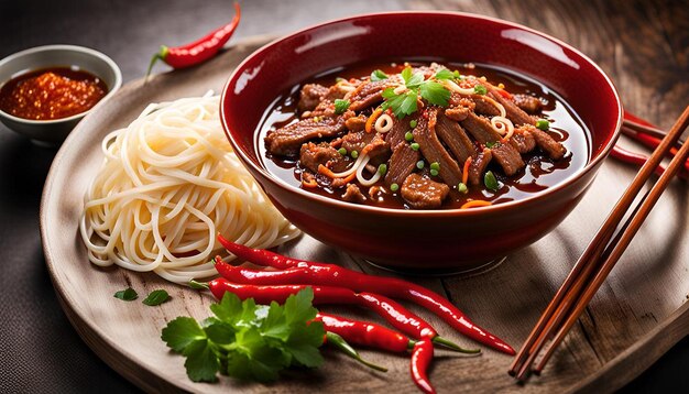 Photo spicy sichuan beef noodles with tender beef and chili oil