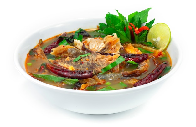 Spicy Smoked Fish Soup Sour And Spices Taste Thai Food decoration carved vegetables sideview